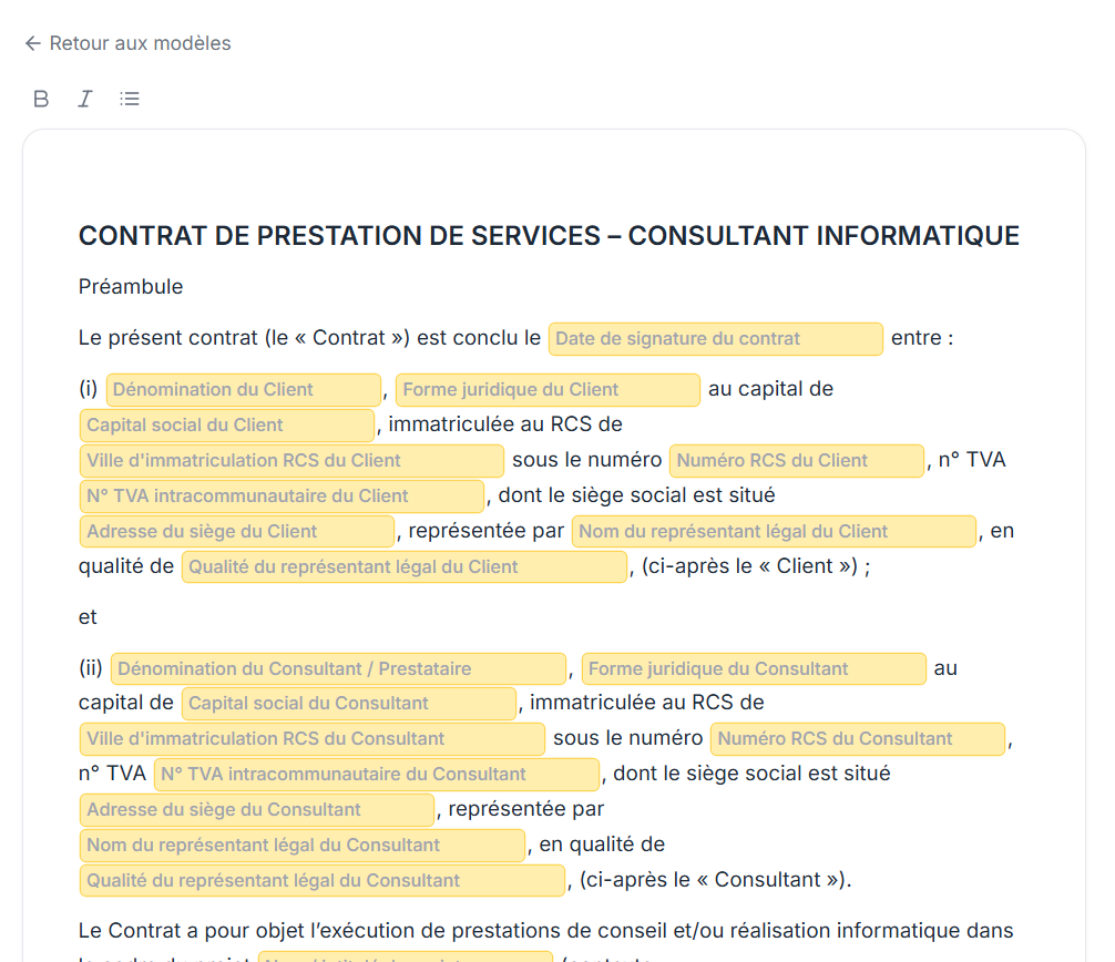 Interface de Lumen Juris affichant l’analyse d’un contrat, avec les clauses surlignées et les points de vigilance signalés